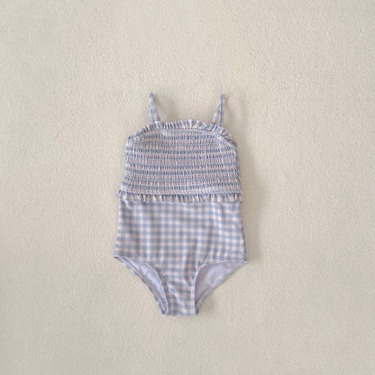 ▲71019-女童泳裝一歲嬰幼兒寶寶格子背帶泳衣小童夏裝夏季沙灘連體服