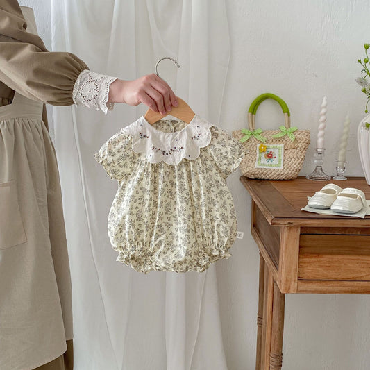 ○B3002-嬰兒夏季女寶寶華夫格蕾絲哈衣裙韓版洋氣新生兒滿月週歲外出爬服