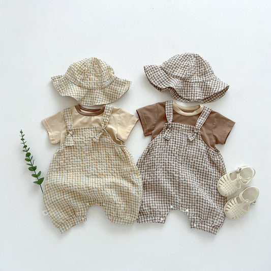 ○101518-韓版新款男寶寶格子背帶短袖帽子三件套可愛女嬰兒連體衣短袖套裝