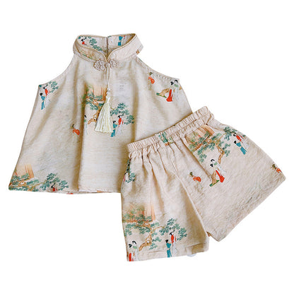 ♠AXA113-女童夏季新款中式古風吊帶短褲兩件套中國風時尚復古潮流洋氣