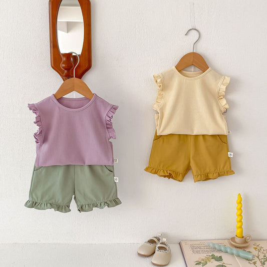 ○A10075-2024夏裝0-5歲女童夏季純色圓領飛袖衫+短褲套裝女寶寶時髦衣服
