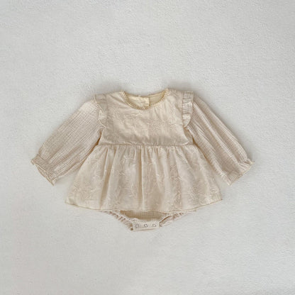 ▲21060-ins 2024春裝嬰幼兒童0-3歲女寶寶刺繡花邊小飛袖長袖哈裙連體衣