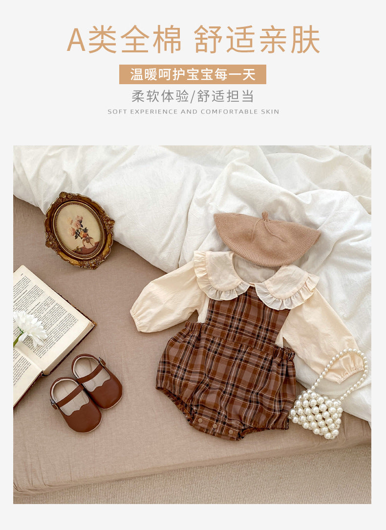 ★S23191-INS秋款嬰兒女寶寶復古格子背帶哈衣爬服花邊翻領長袖襯衫兩件套