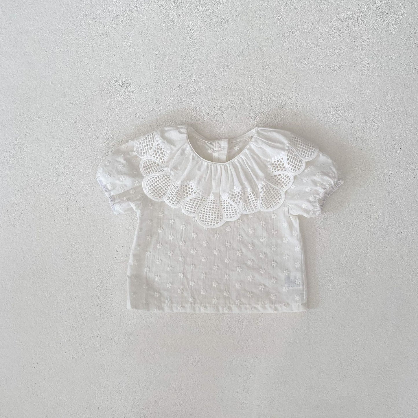 ▲25081-2024夏裝嬰幼女寶寶甜美百搭大花邊領刺繡小花泡泡短袖上衣打底衫