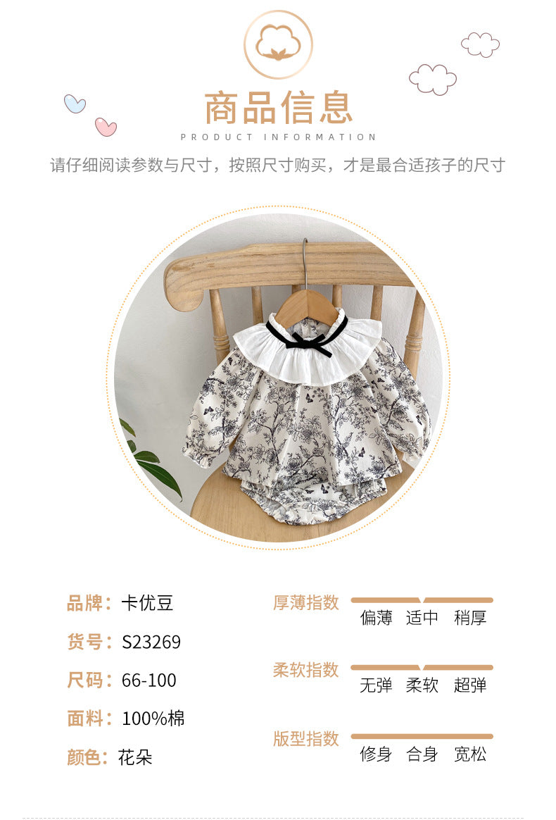 ★S23269-2024新款嬰兒秋季套裝女寶寶花邊蝴蝶結長袖上衣三角包屁褲兩件套