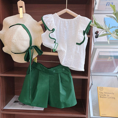 ♠TX122-夏裝女寶寶綠色荷葉邊上衣短褲兩件套送帽子潮流新款