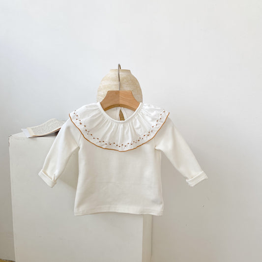 ▲65026-嬰幼兒童t恤2023秋裝新款女寶寶繡花荷葉領打底衫上衣白色百搭款
